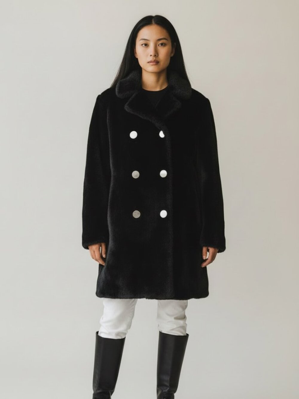 Vintage 70s Black Faux Fur Pea Coat Double Breasted Mod Silver Button M L